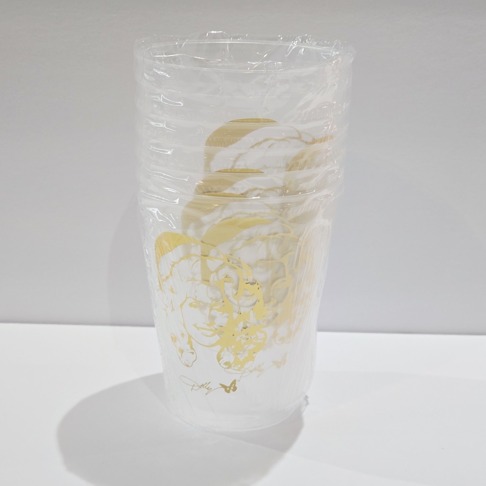 Dolly Parton Gold Foil Frosted Christmas Cups NEW Plastic Set 6 - 16fl Oz